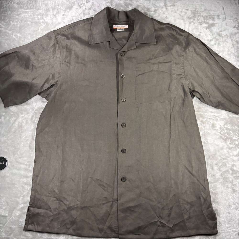 Daniel Ellissa Mens XL Charcoal Gray 100% Linen Short Sleeve Camp Shirt Pocket
